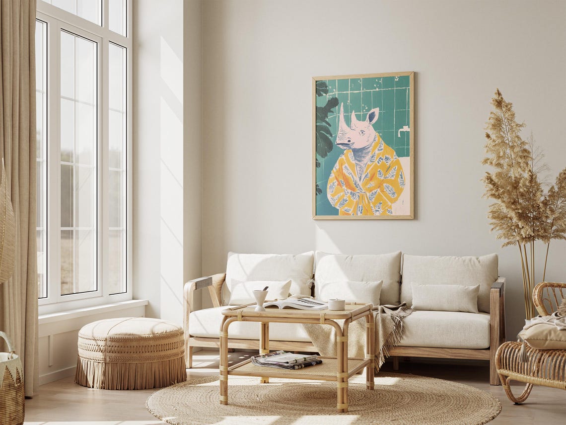Elegant Rhino In Yellow Leaf Bathrobe Whimsical Bathroom Poster - Image 4