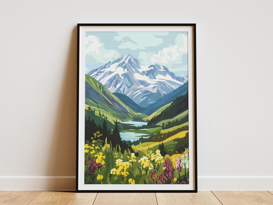 Snowcapped Peak Alpine Meadow Wildflowers Lake Landscape Poster