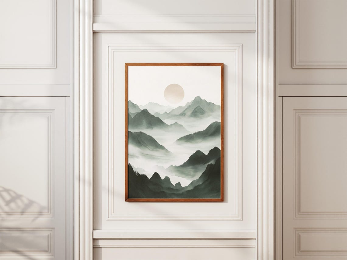 Green Misty Watercolor Mountains Pale Sun Japanese Inspired Poster - Image 2