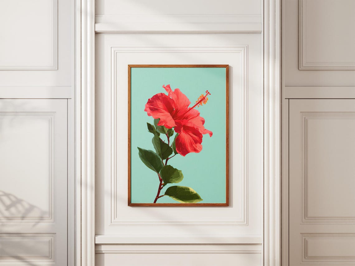 Red Hibiscus Flower Single Bloom On Mint Green Background Poster - Image 2