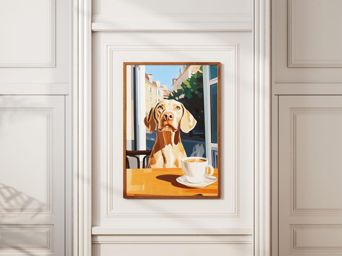 Weimaraner Dog Sitting at Cafe Table With Coffee Cup Art Poster - Image 2