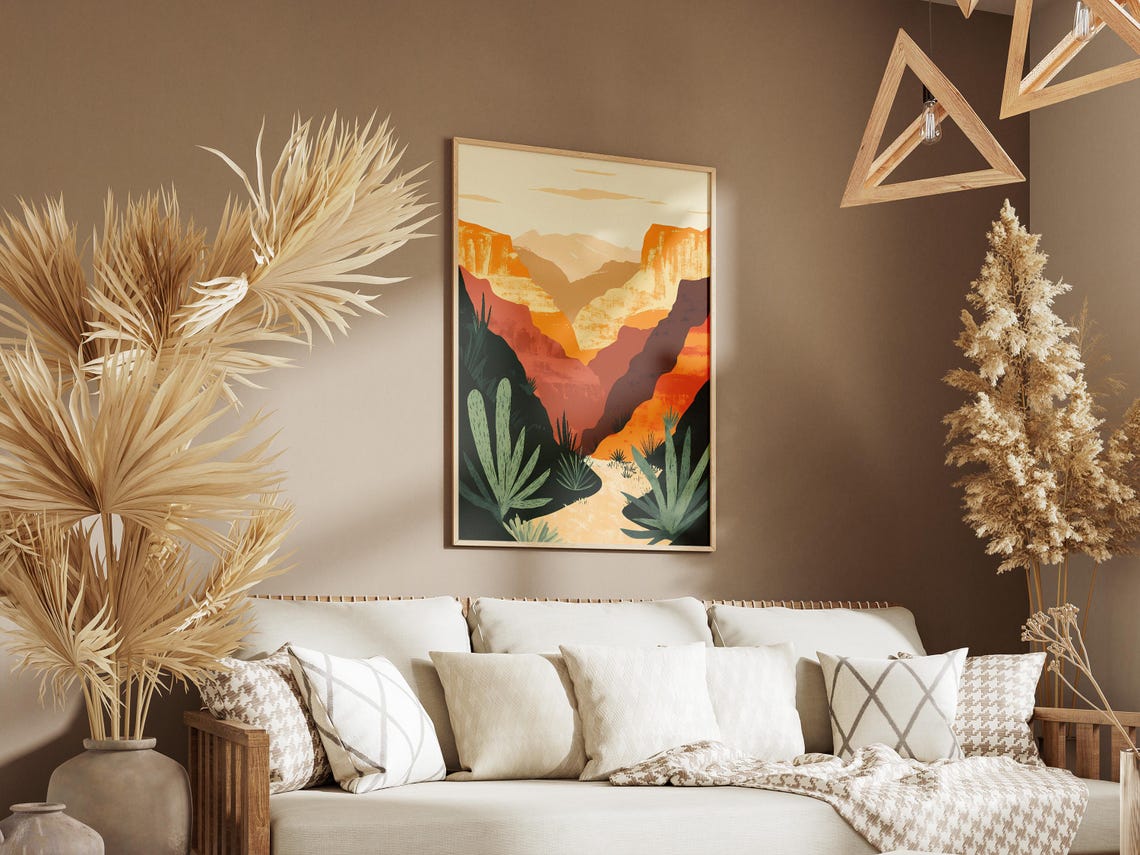 Desert Canyon with Agave Plants at Sunset Illustration Poster - Image 3