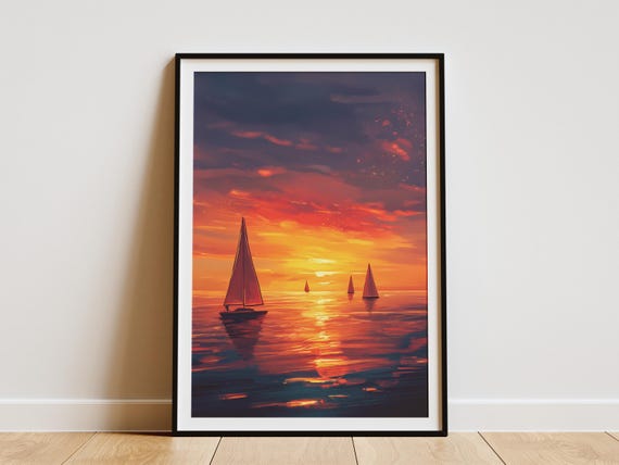 Sunset Sailboat Poster Orange Sky Sailboats Fiery Sunset Ocean Art Print Summer Vacation Wall Decor Coastal Decor Nautical Themed Art Print