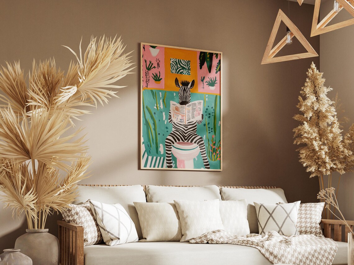 Zebra Reading Newspaper on Toilet Green Plant Bathroom Poster - Image 3