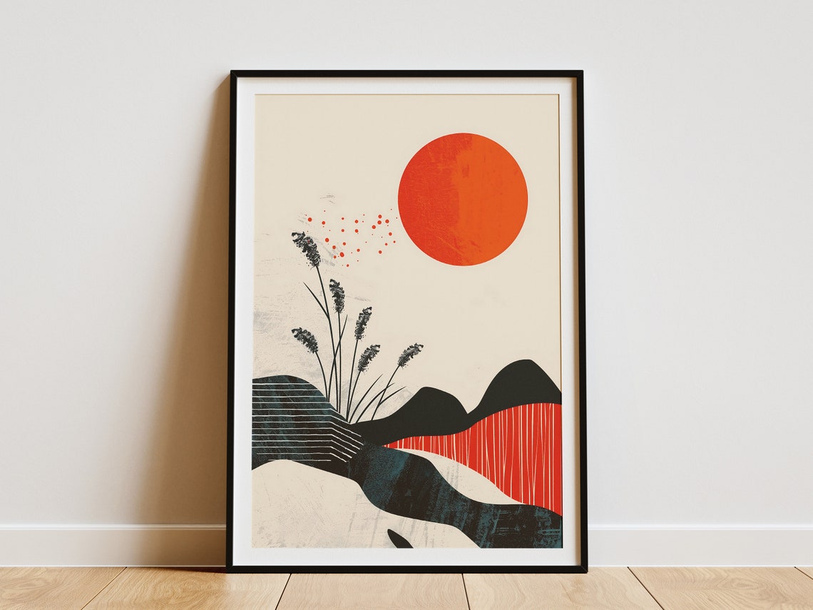 Red Sun Over Dark Rolling Hills Minimalist Landscape Art Poster