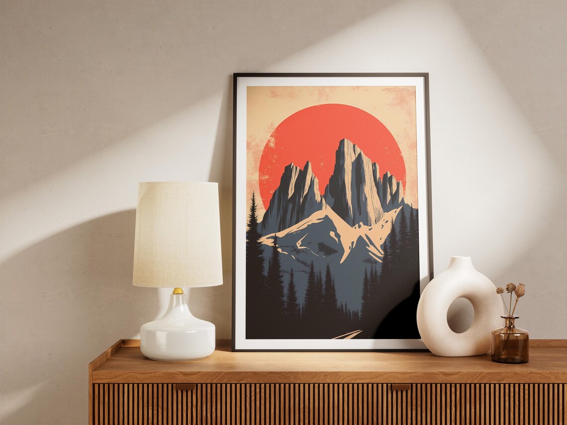 Dolomites Italy Jagged Gray Peaks Red Sun Retro Travel Poster - Image 5