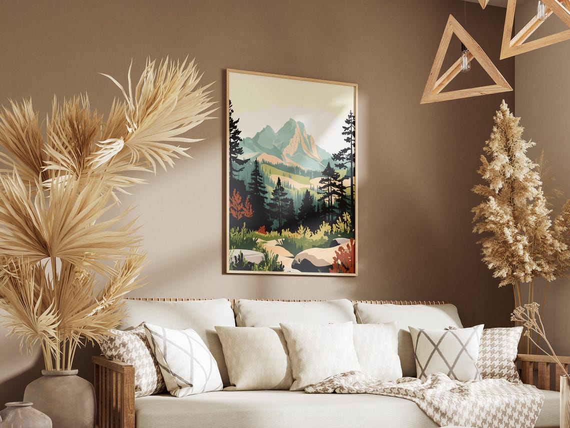 Mountain Range Pine Forest Valley Stream Landscape Art Poster - Image 3