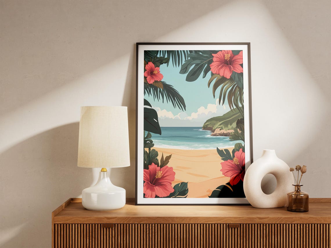 Tropical Beach Hibiscus Flowers Ocean Cove Summer Vacation Poster - Image 4