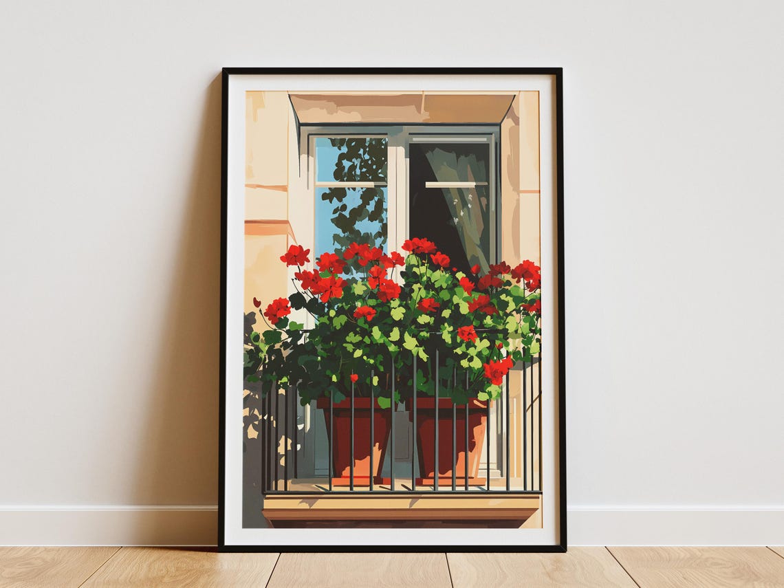 Red Geranium Balcony Pots Sunlit Window Planter Flower Poster