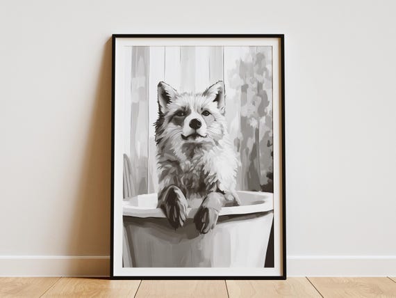 Arctic Fox Bathtub Poster Whimsical Animal Print Bathroom Wall Art Cute In Tub Funny Unique Home Decor