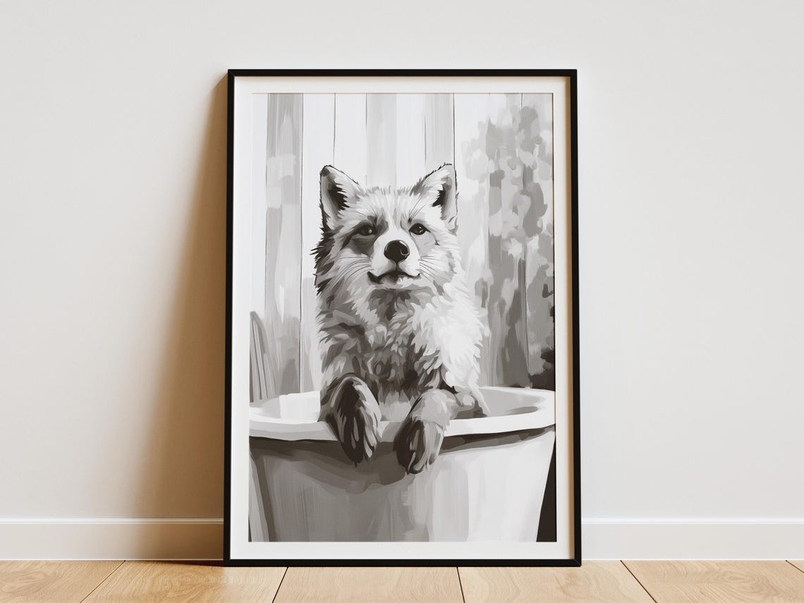 Arctic Fox Bathtub Poster Whimsical Animal Print Bathroom Wall Art Cute In Tub Funny Unique Home Decor