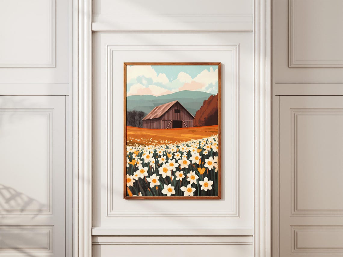 Rustic Red Barn With Daffodils Spring Farmhouse Landscape Poster - Image 2