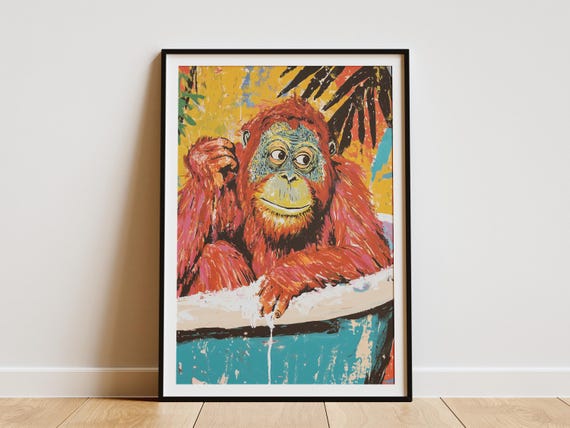Orangutan In Bathtub Funky Animal Poster Modern Bathroom Art Funny Ape Print Colorful Primate Illustration Unique Home Decor Whimsical Wall