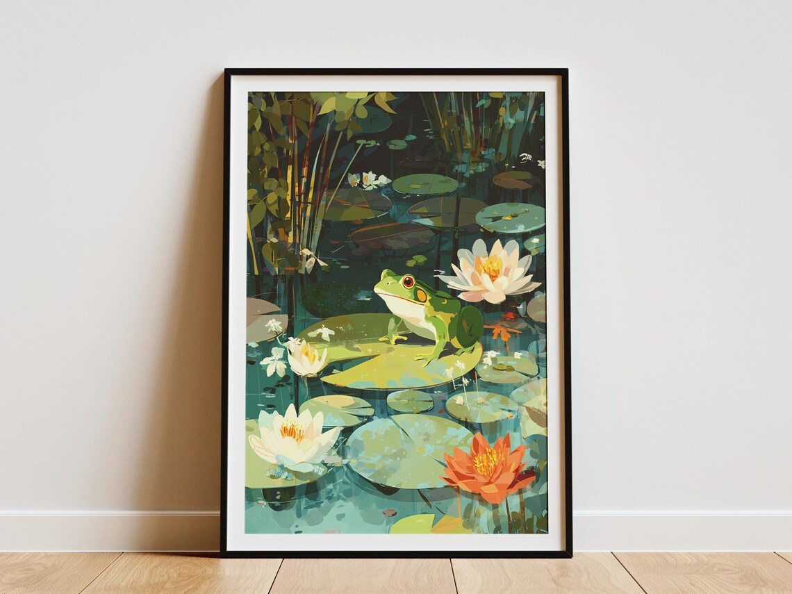 Green Frog on Lily Pad Water Lily Pond Nature Painting Poster