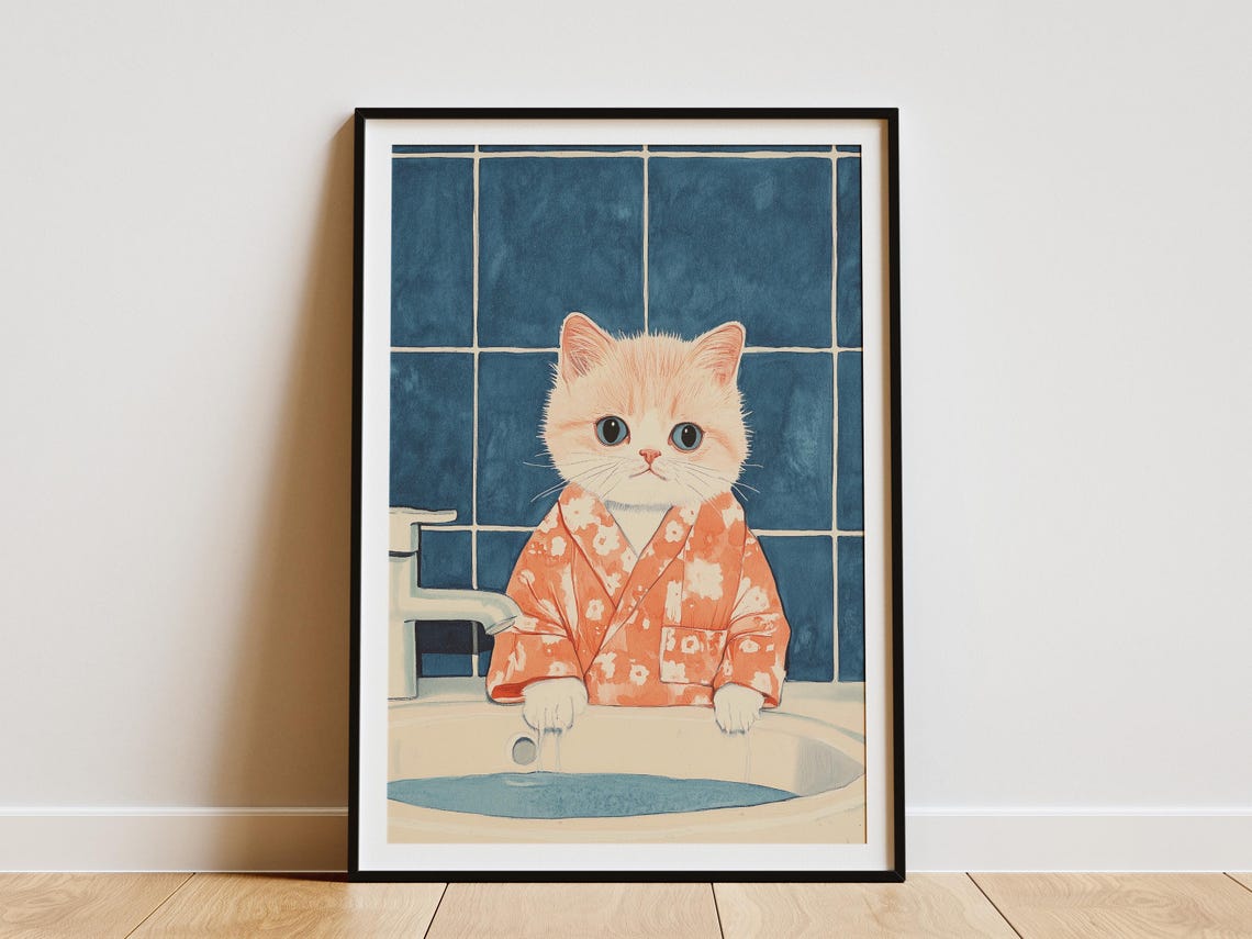 Cream Kitten in Floral Bathrobe at Sink Cute Bathroom Poster