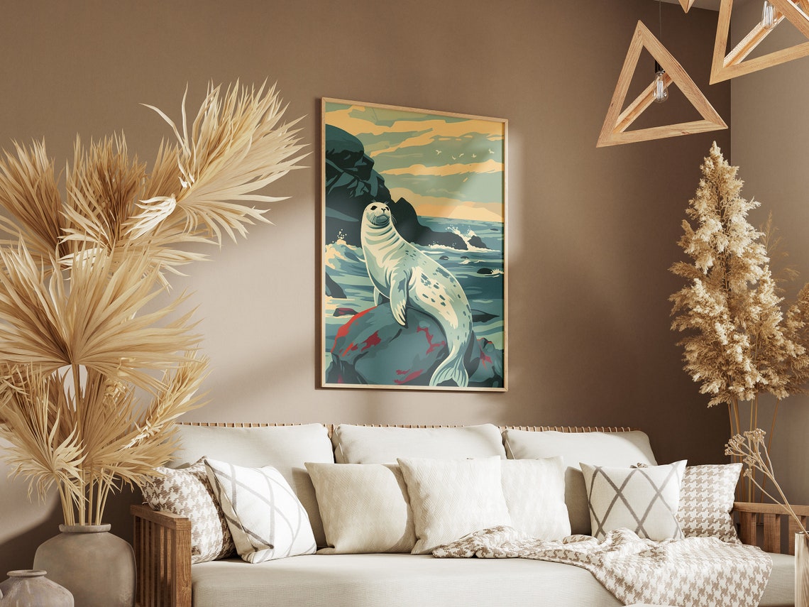 Spotted Seal Resting on Ocean Rocks Vintage Coastal Wildlife Poster - Image 3