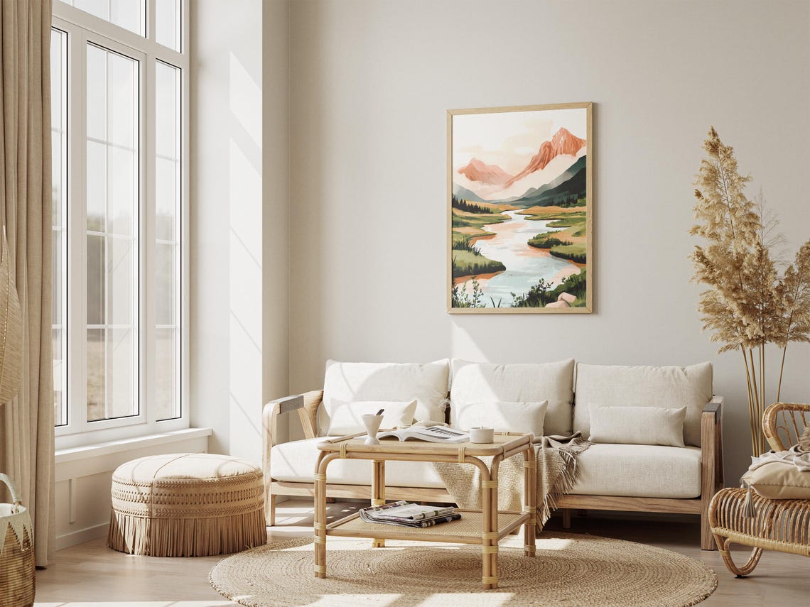 Misty River Valley Flowing Between Soft Peach Mountains Poster - Image 4