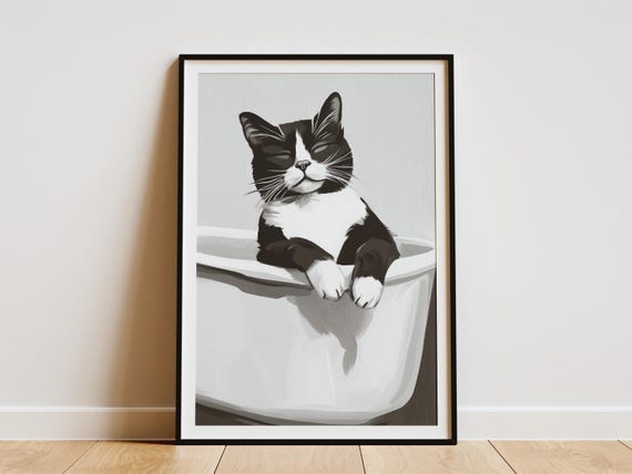 Singapura Cat In Bathtub Poster Print Wall Art Modern Funny Bathroom Pet Cute Home Decor