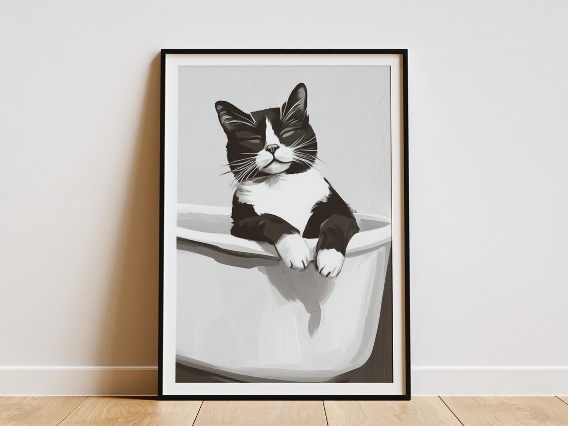 Tuxedo Cat Cute Bubble Bath Content Minimalist Bathroom Poster