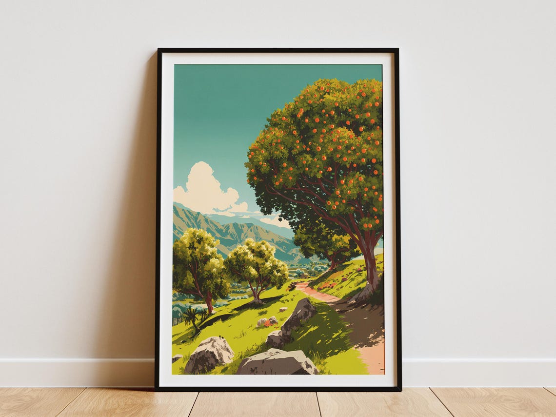 Ripe Orange Orchard Fruit Trees Mountain Vintage Travel Poster
