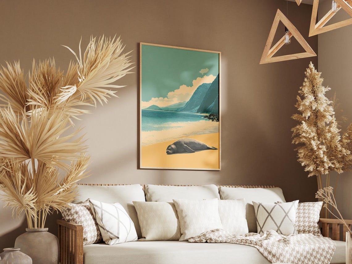 Sleeping Seal Tropical Beach Golden Sand Vintage Travel Poster - Image 3