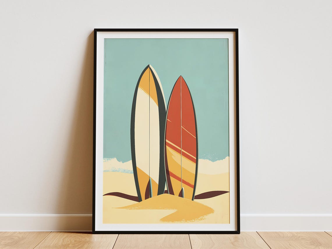 Two Colorful Surfboards Standing on Sand Minimalist Beach Poster