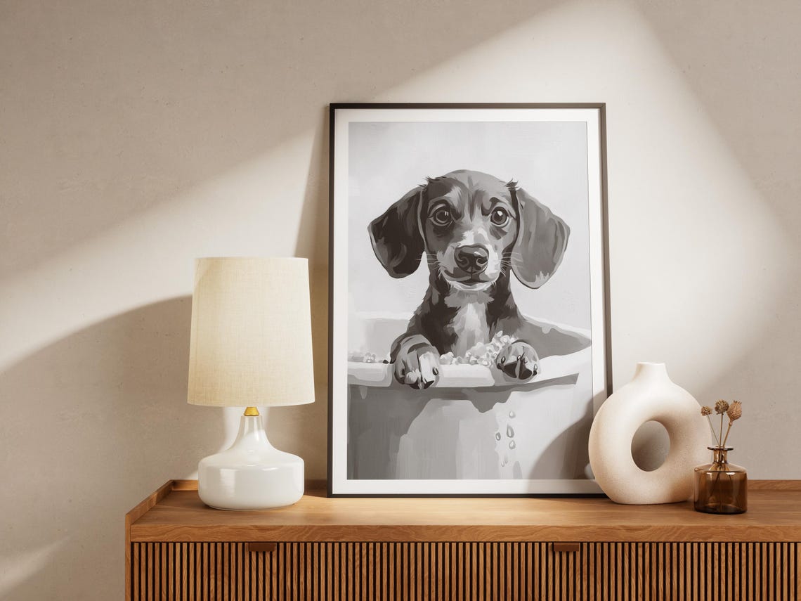Dachshund Puppy In A Bubble Bath Black And White Cute Art Poster - Image 4