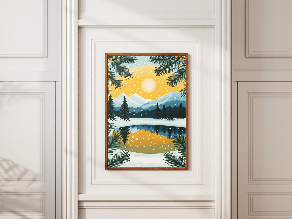Golden Winter Sky Over a Snowy Lake Framed by Pine Boughs Poster - Image 2