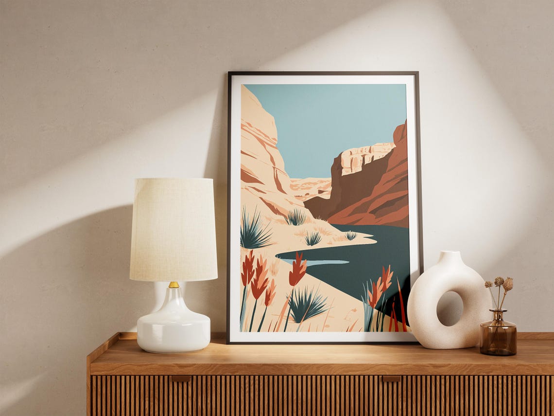 Desert Canyon River With Red Wildflowers Minimalist Art Poster - Image 5