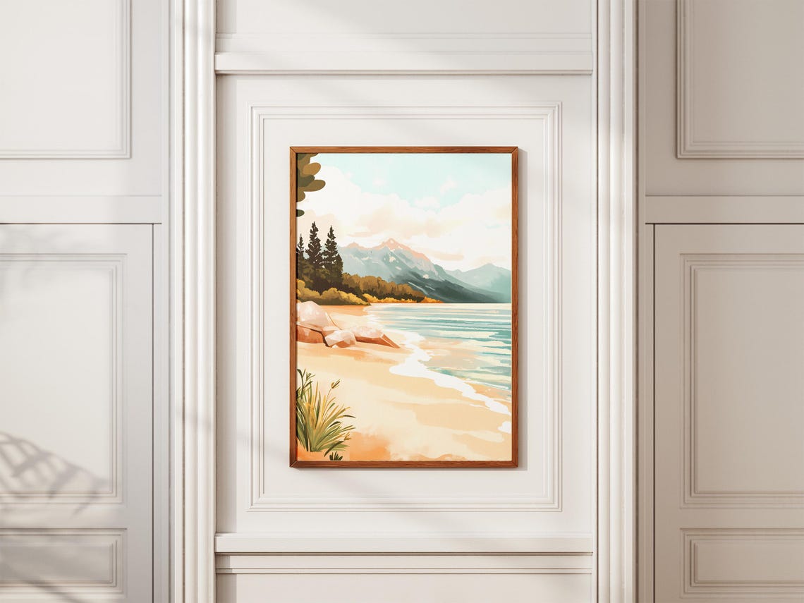 Sandy Beach With Pine Trees Waves And A Distant Mountain Poster - Image 2