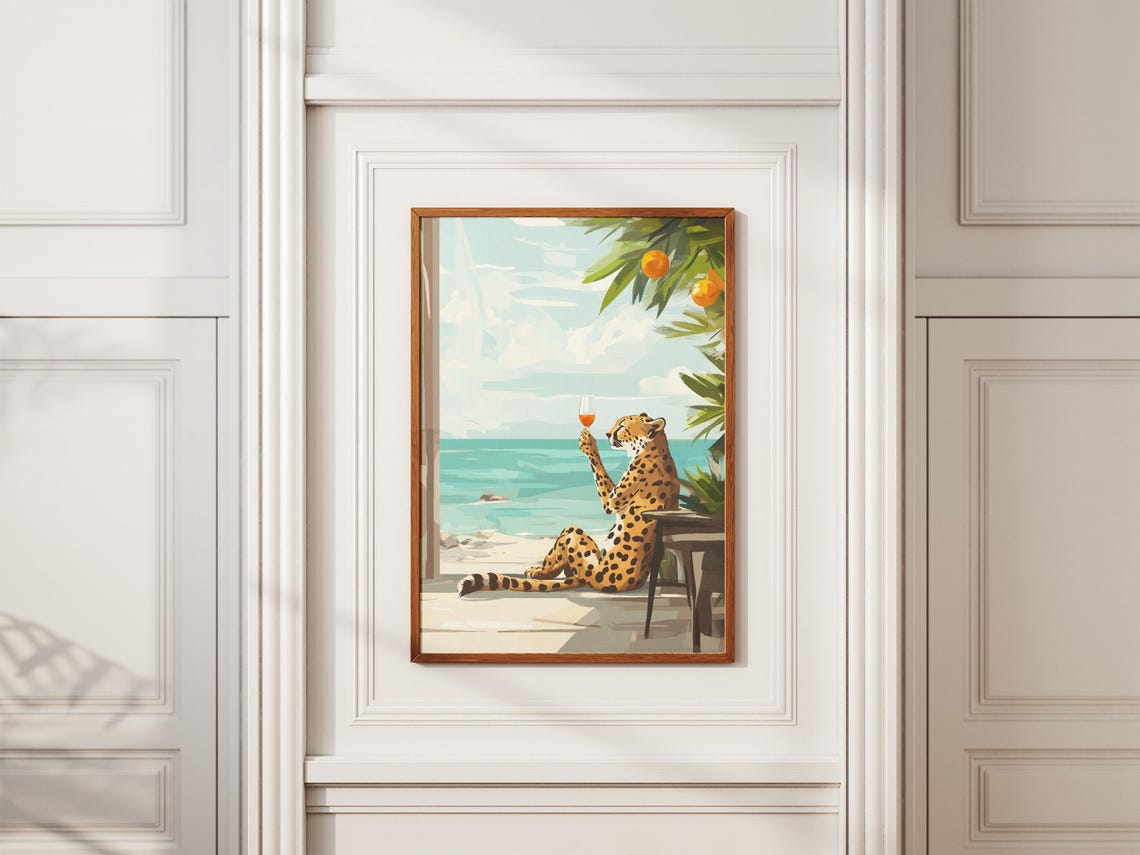 Cheetah Sipping a Cocktail on a Terrace Overlooking the Sea Poster - Image 2