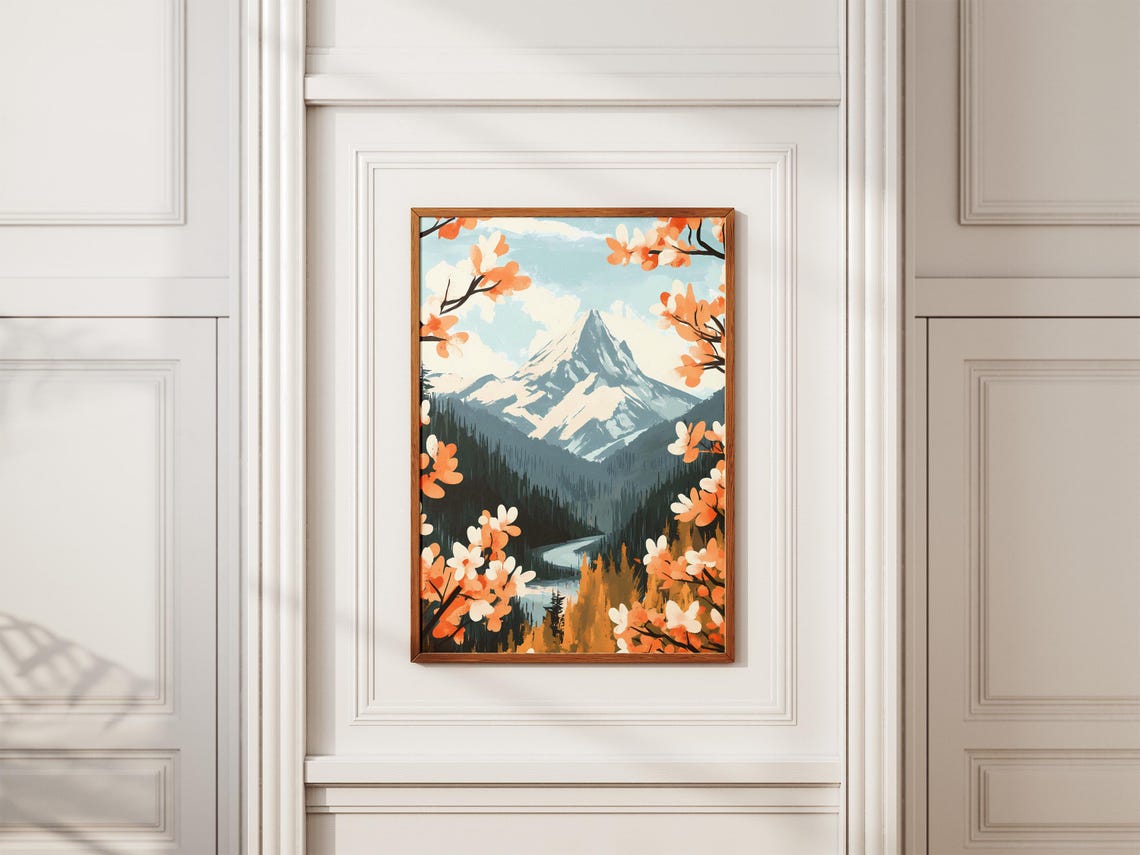 Snowy Mountain Peak Framed By Orange Spring Blossom Branches Poster - Image 2