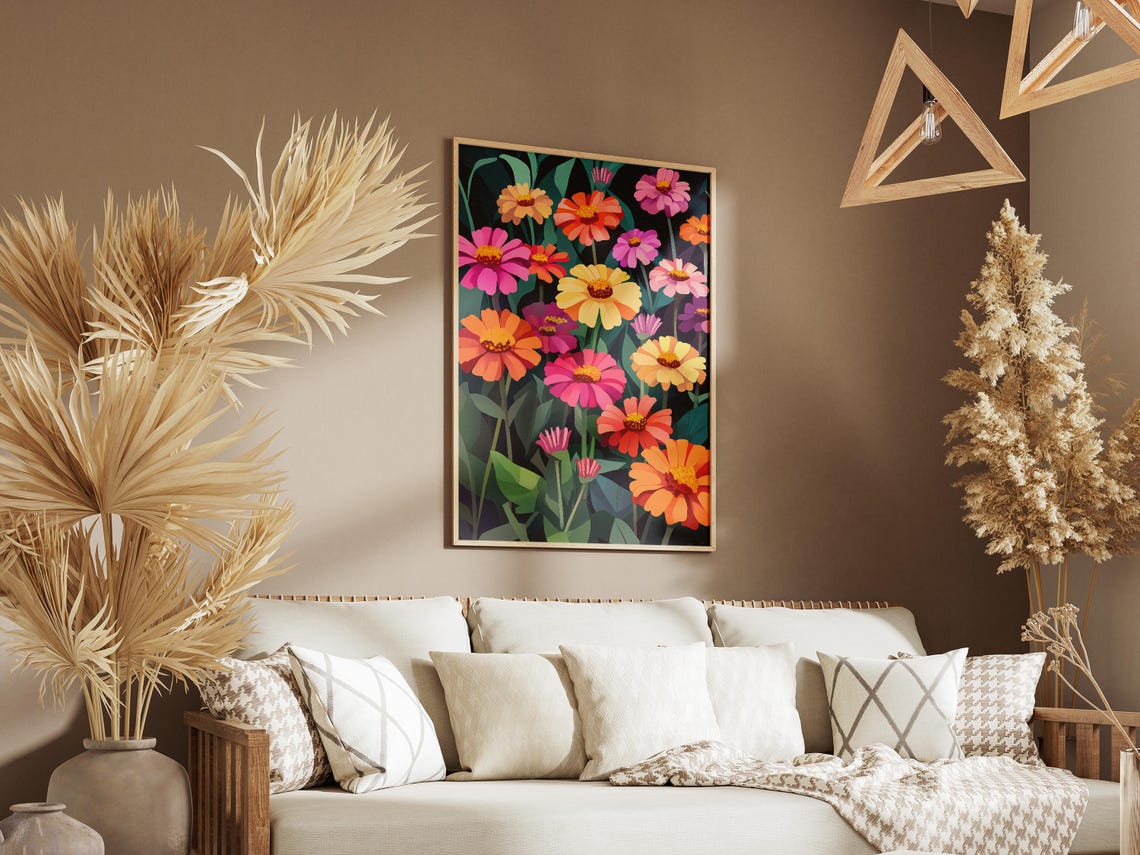 Vibrant Zinnia Flower Garden Poster in Bold Pink Orange and Yellow - Image 3