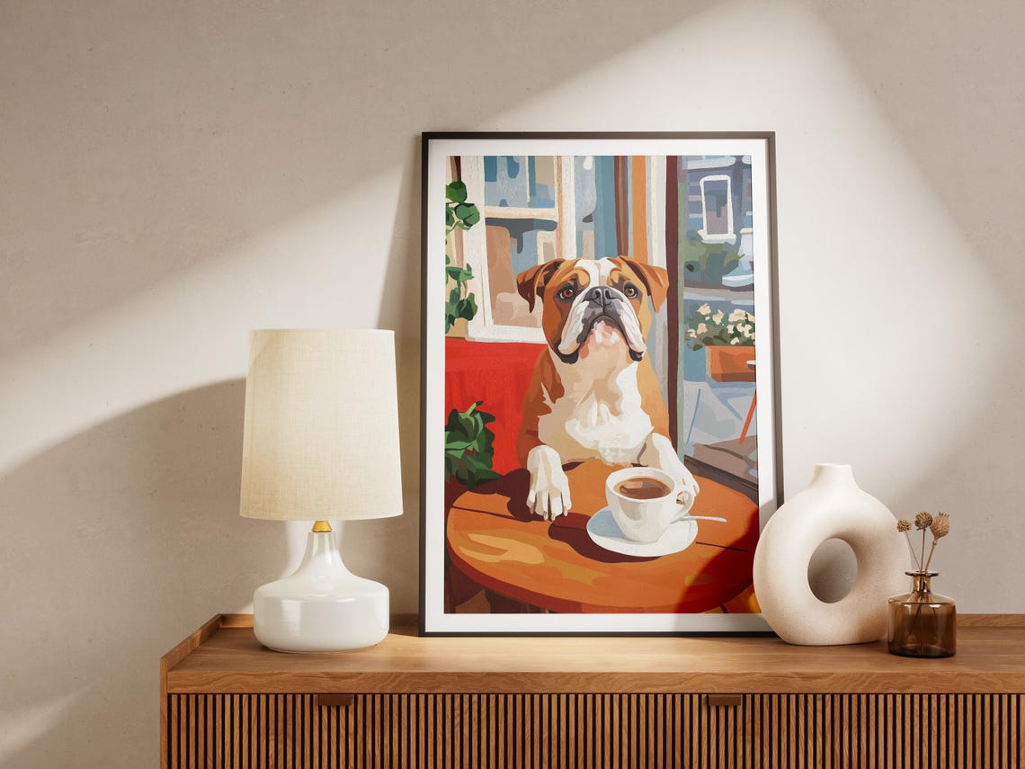 English Bulldog with Coffee at a Sunny City Cafe Table Dog Poster - Image 4