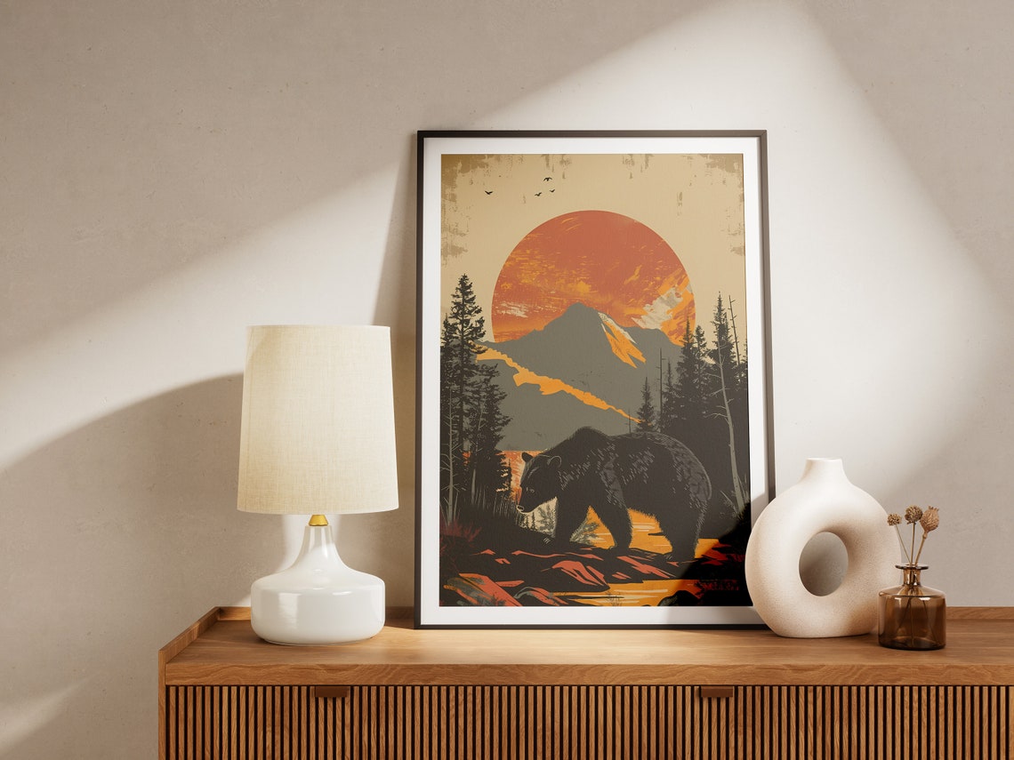Black Bear Mountain Sunset Orange Sun Retro Wildlife Art Poster - Image 2