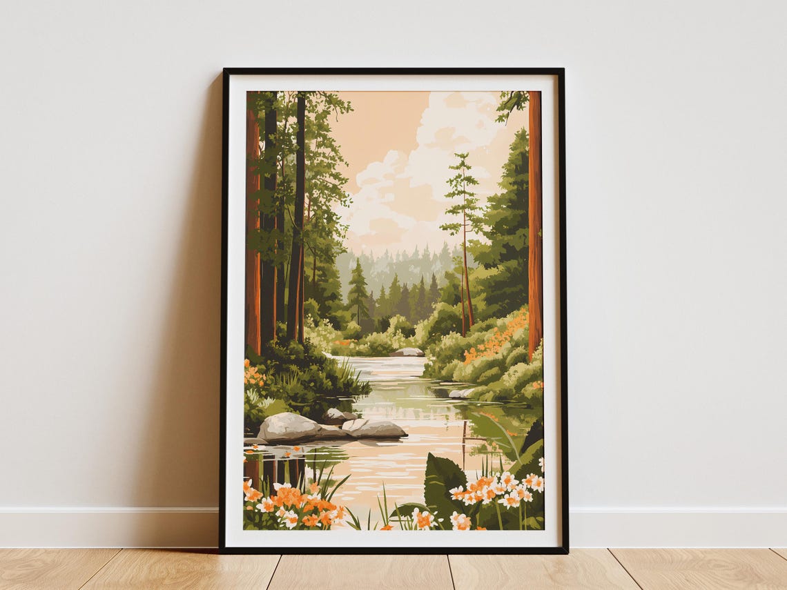 Spring Forest River With Orange Daisies Beneath Tall Trees Poster