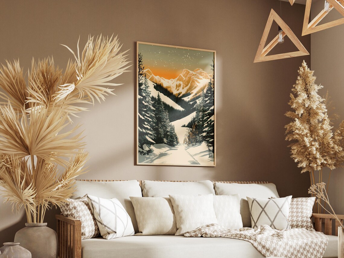 Snowy Golden Mountain Valley Vintage Winter Travel Art Poster - Image 3