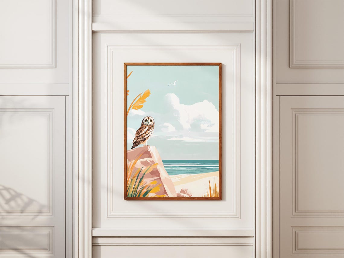 Short-Eared Owl on a Beach Rock with Ocean View Coastal Bird Poster - Image 2