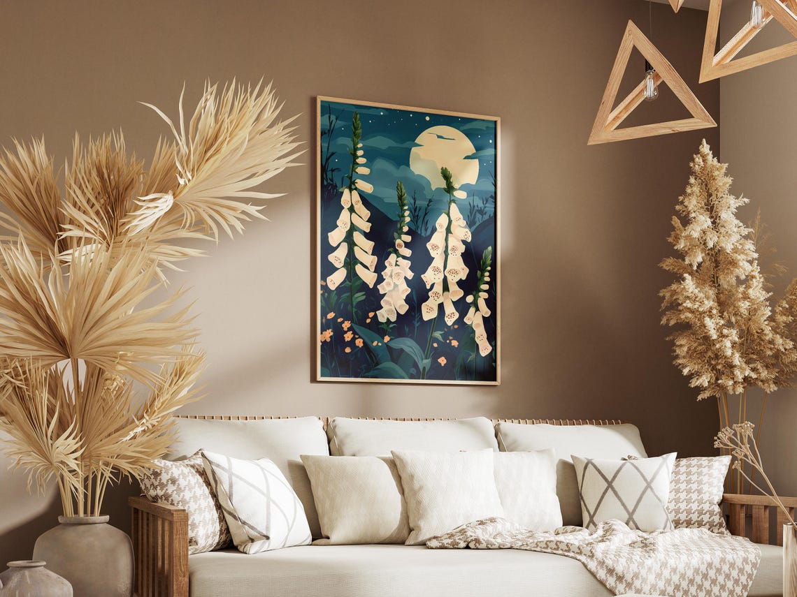 White Foxgloves Under a Full Moon Night Garden Botanical Poster - Image 3