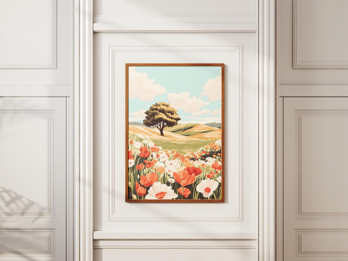 Lone Tree Above a Field of Red Poppies Countryside Art Poster - Image 2