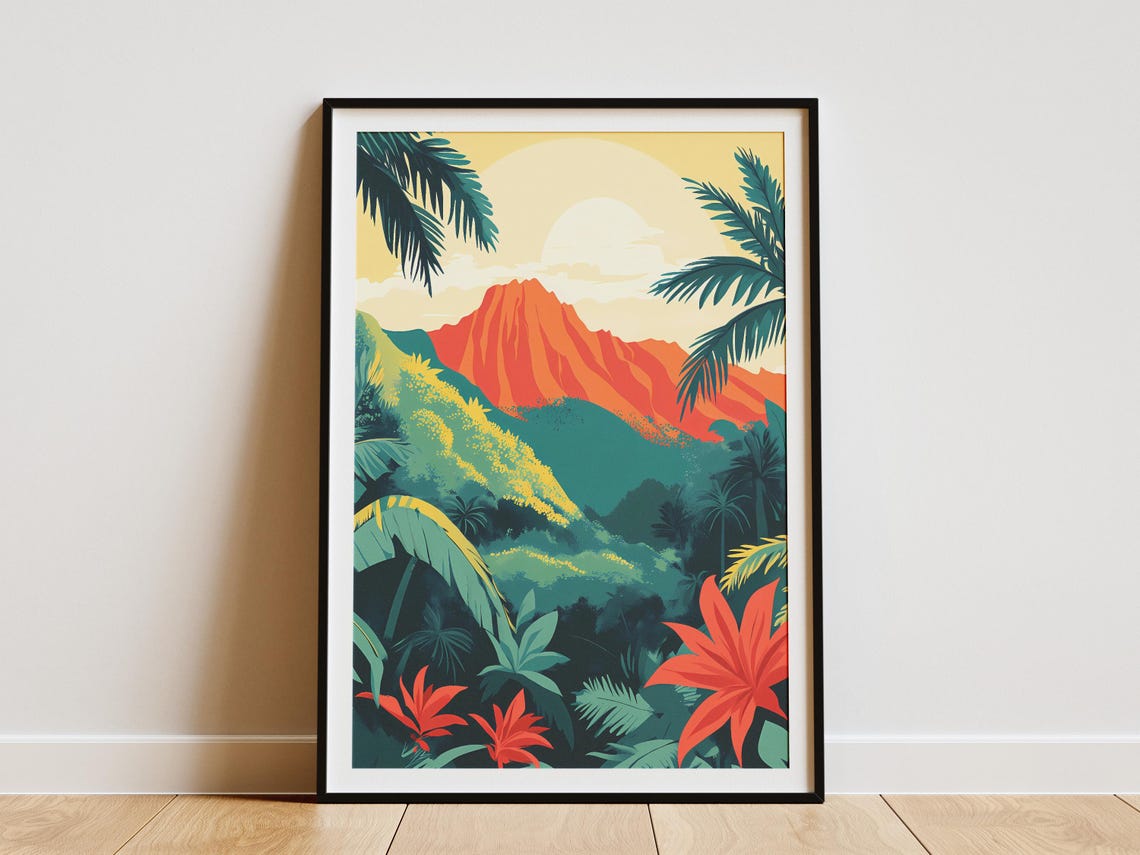 Tropical Mountain Coral Red Peak Palms Jungle Flowers Poster