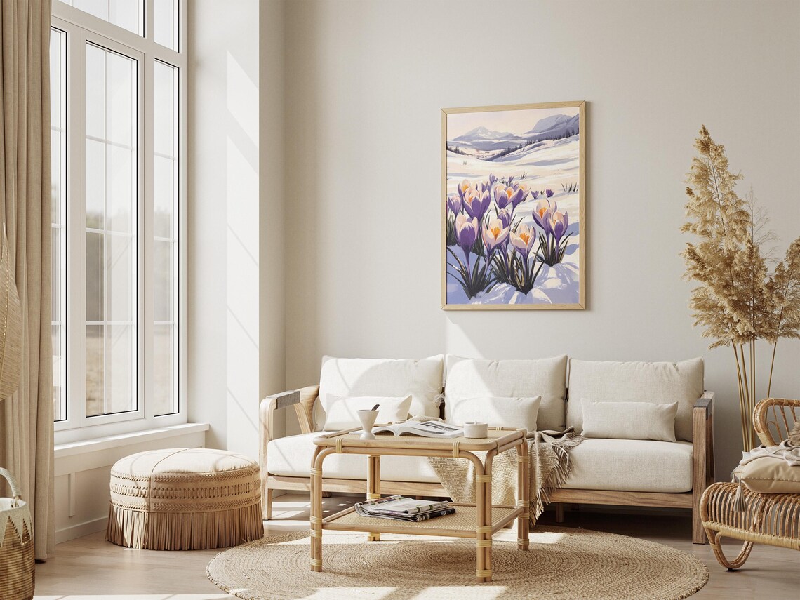 Close-Up Purple Crocus Blooms in Snow With Mountain Peaks Art Poster - Image 4
