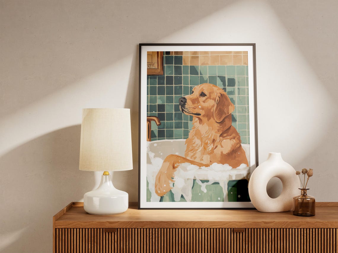 Happy Golden Retriever Bubble Bath Green Tile Relaxed Dog Poster - Image 4