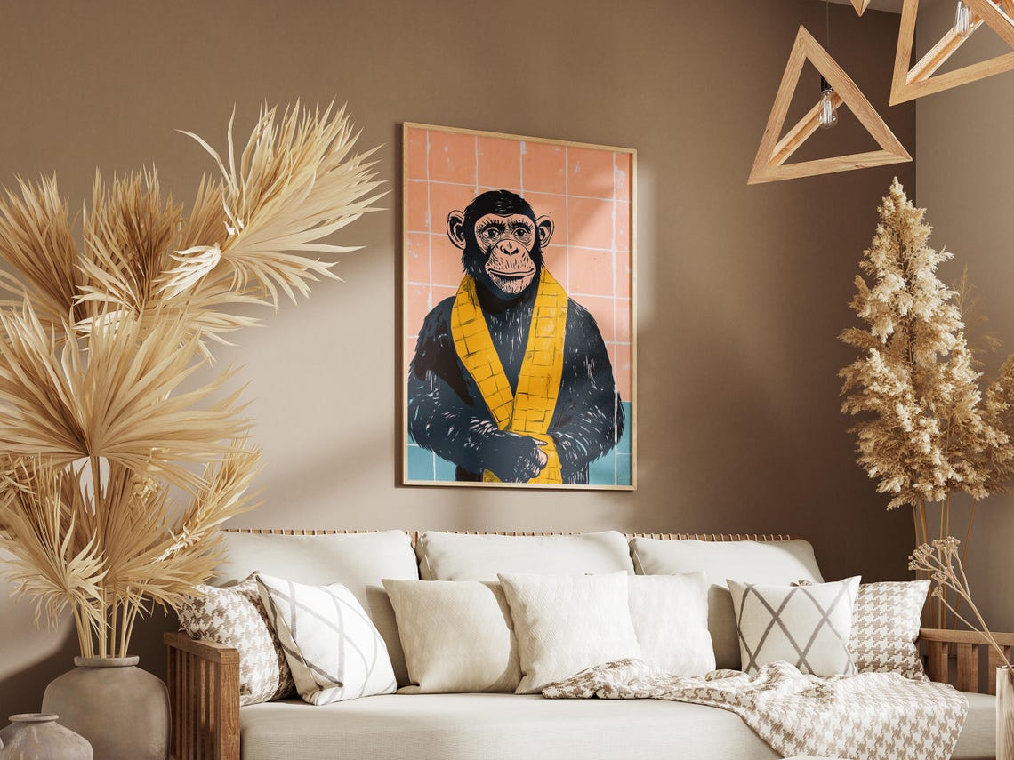 Chimpanzee in Yellow Bathrobe Peach Bathroom Funny Animal Poster - Image 3