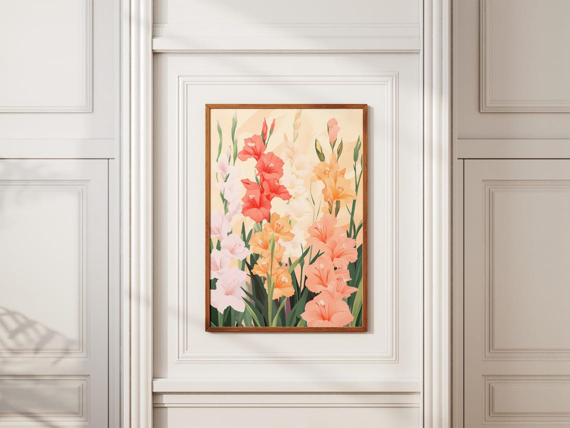 Coral Gladiolus Spikes Tall Elegant Modern Botanical Flower Poster - Image 2