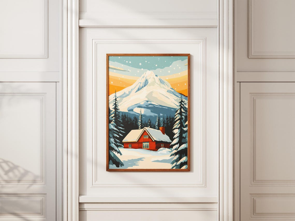Mount Hood Glowing Red Cabin in Deep Snow at Sunset Winter Poster - Image 2