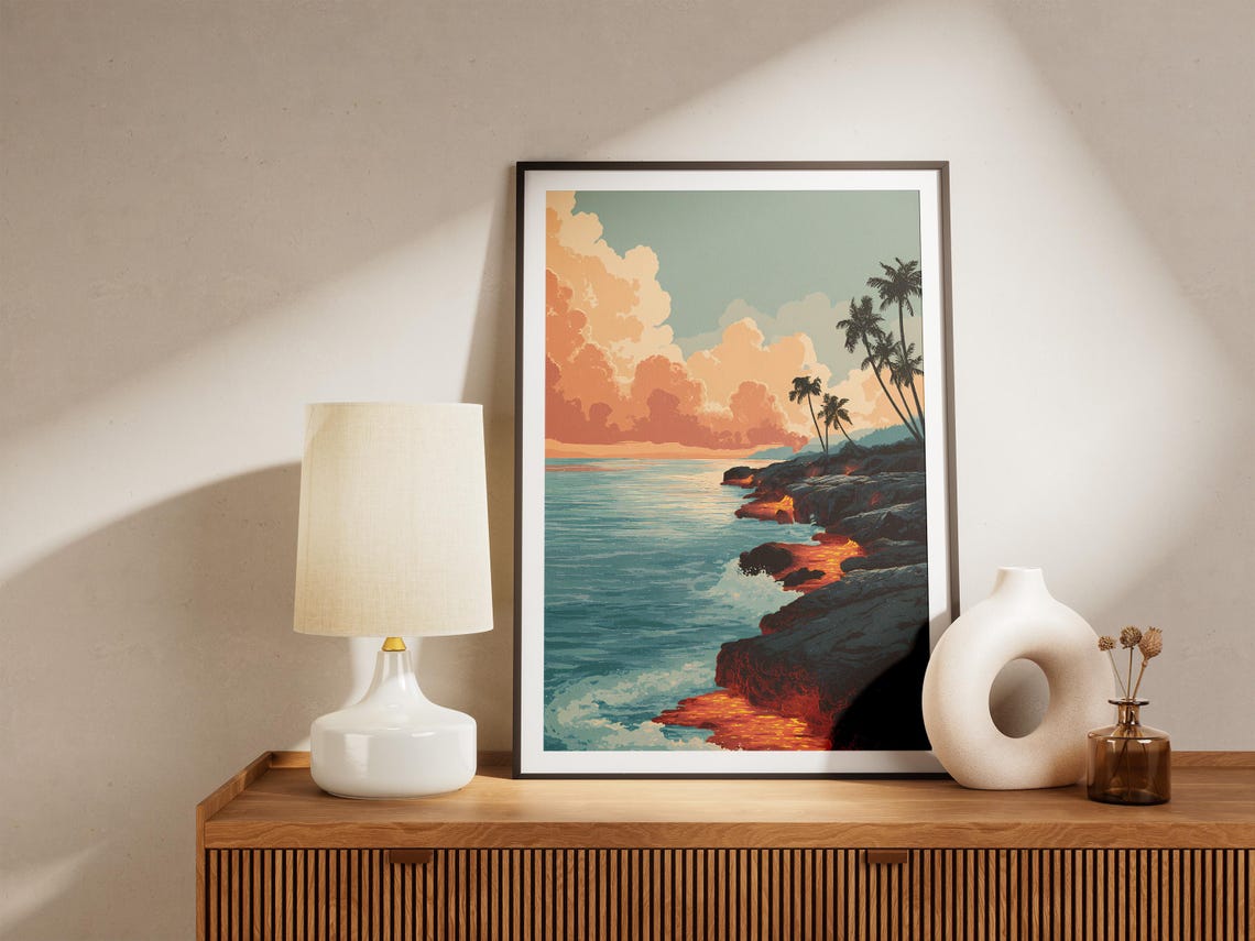 Hawaii Lava Flow Meeting Ocean Palms Vintage Travel Style Poster - Image 4