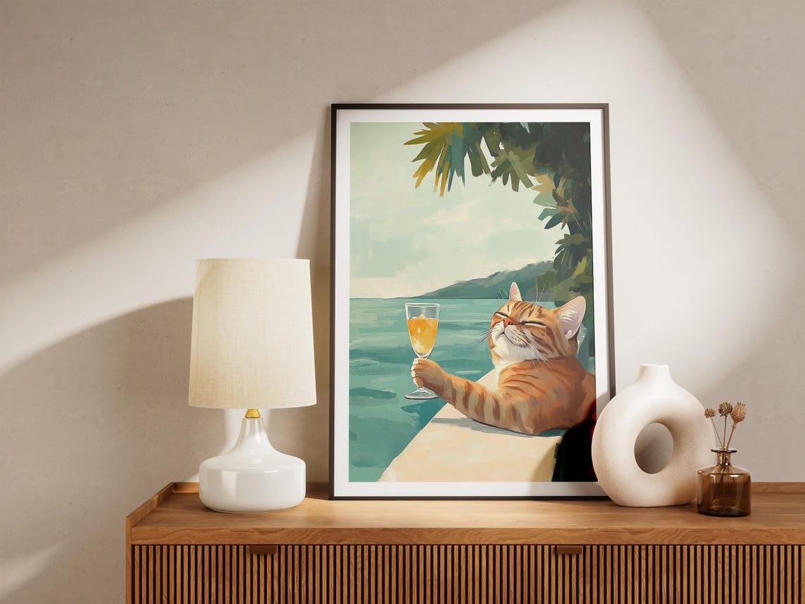 Content Orange Tabby Cat Enjoying A Cocktail By The Sea Poster - Image 5