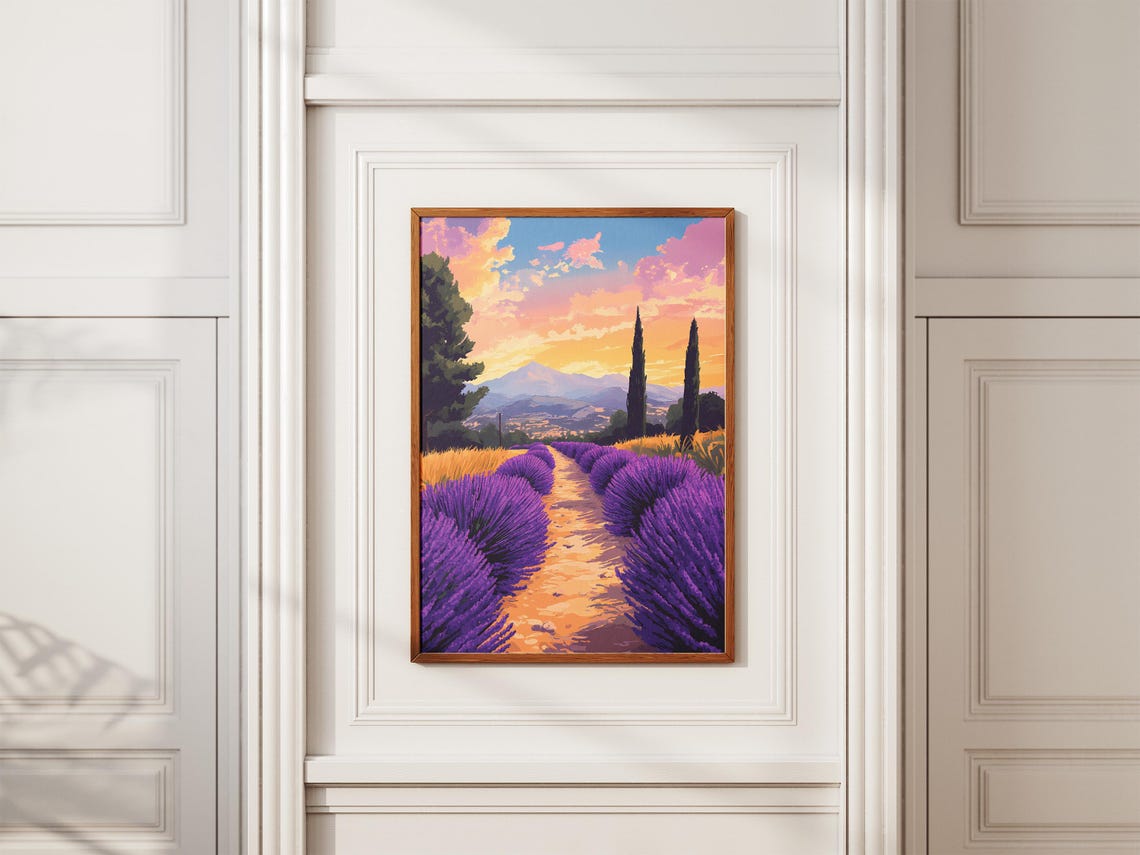 Lavender Rows Sunset Valley Pink Sky Romantic Landscape Poster - Image 2