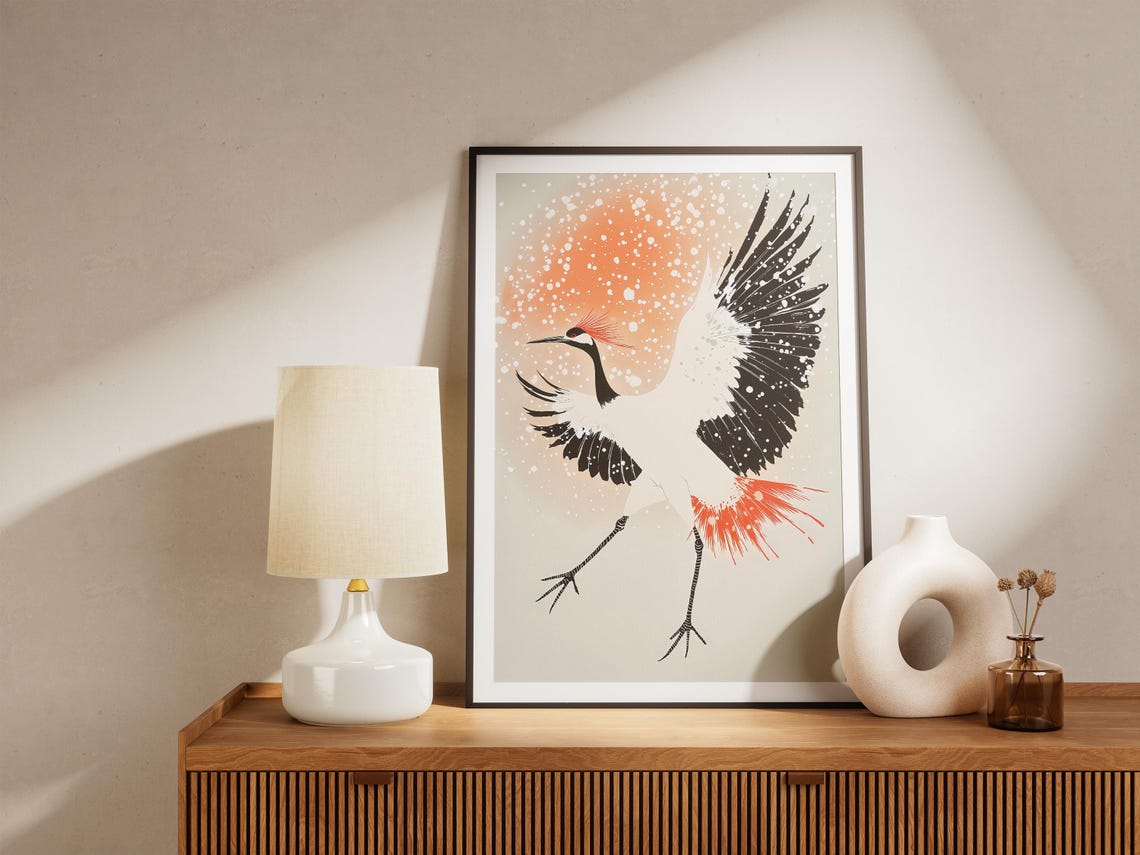 Red-Crowned Crane Dancing in Falling Snow Japanese Bird Art Poster - Image 5